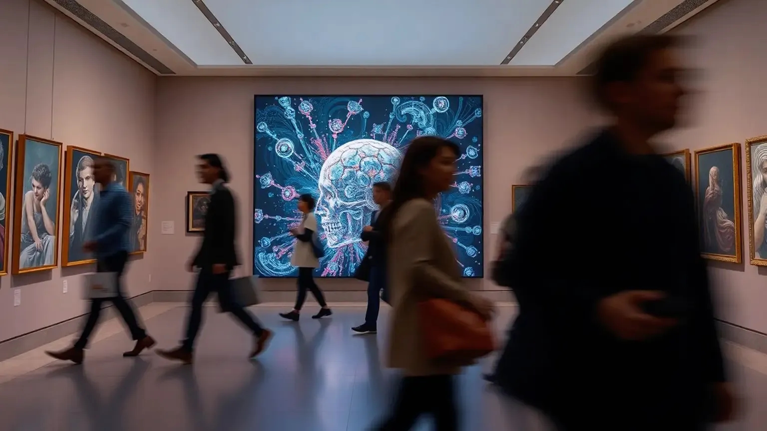 People walking around in an art museum.