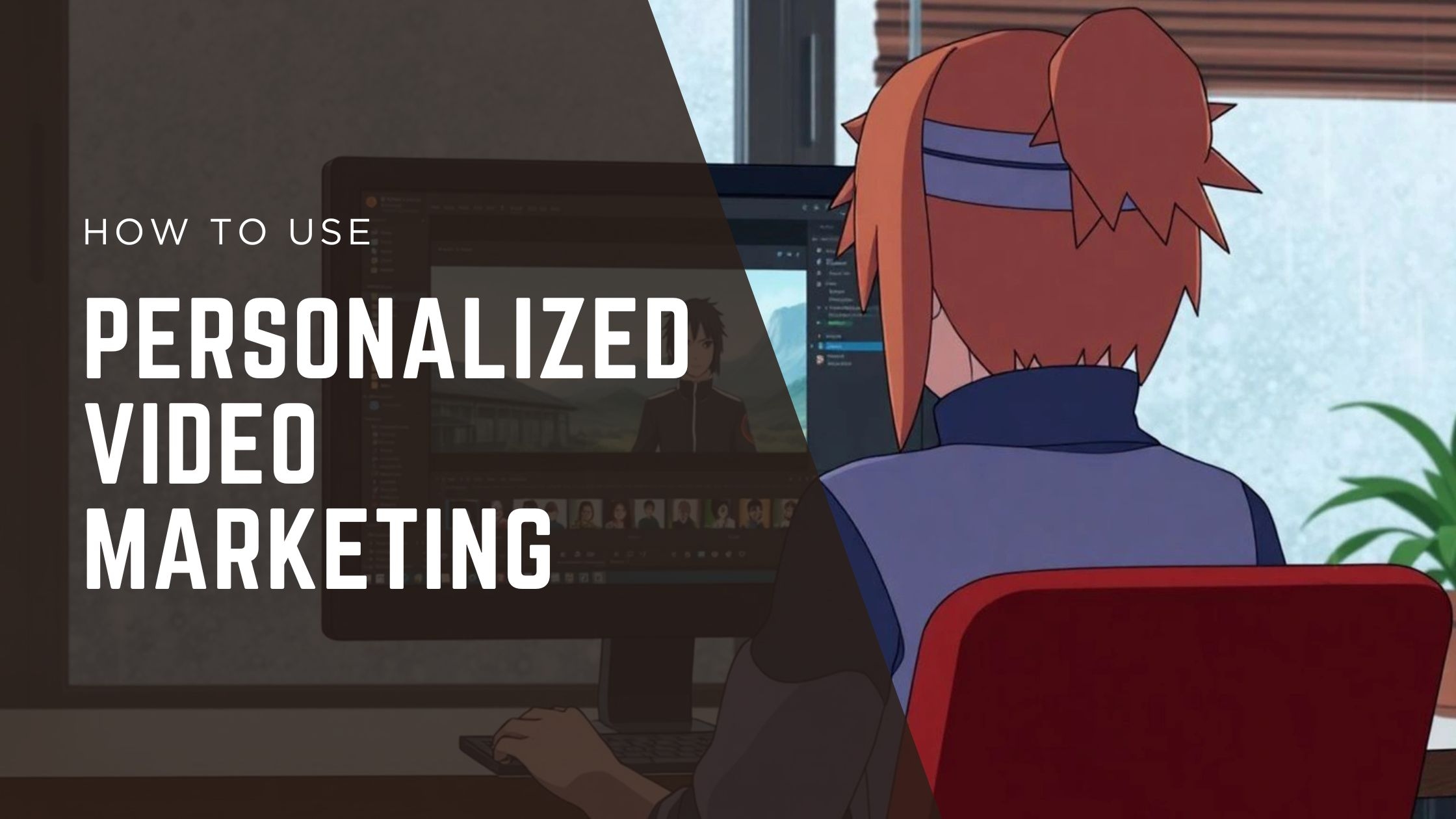 Anime-style creator editing a video at a desktop computer.