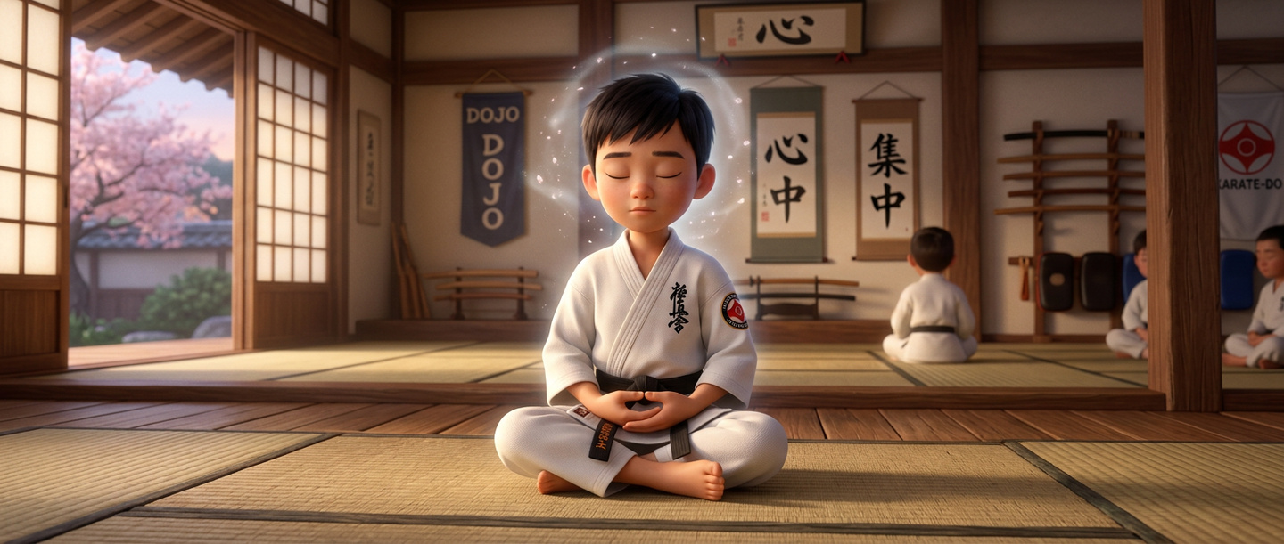 Animated child meditating in a martial arts dojo