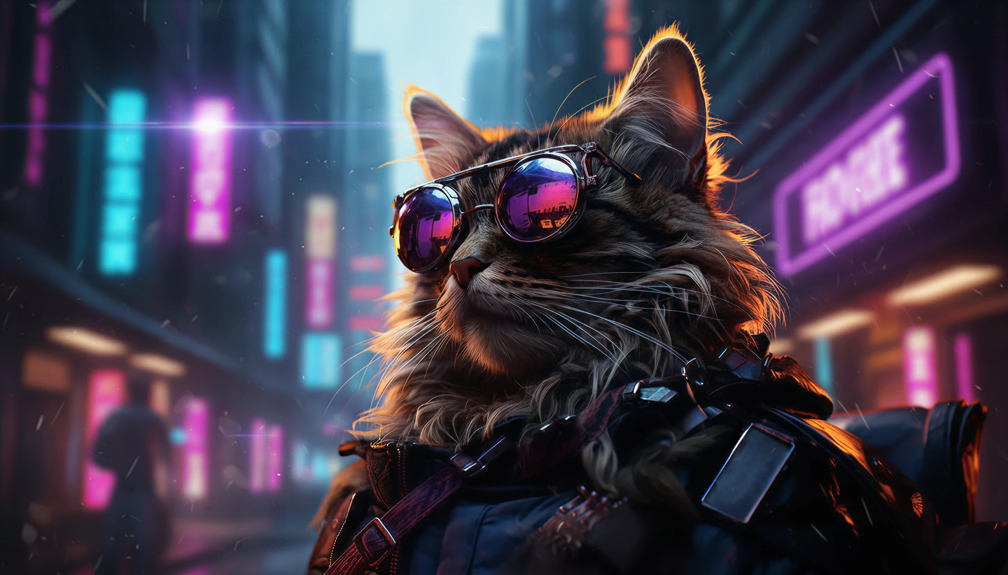 Fluffy cat in sunglasses against a neon cyberpunk city at night