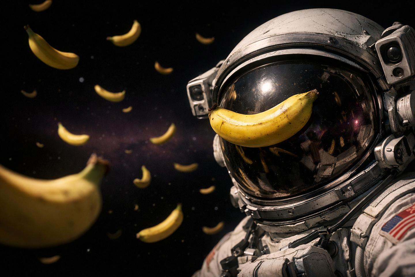Astronaut in space with floating bananas