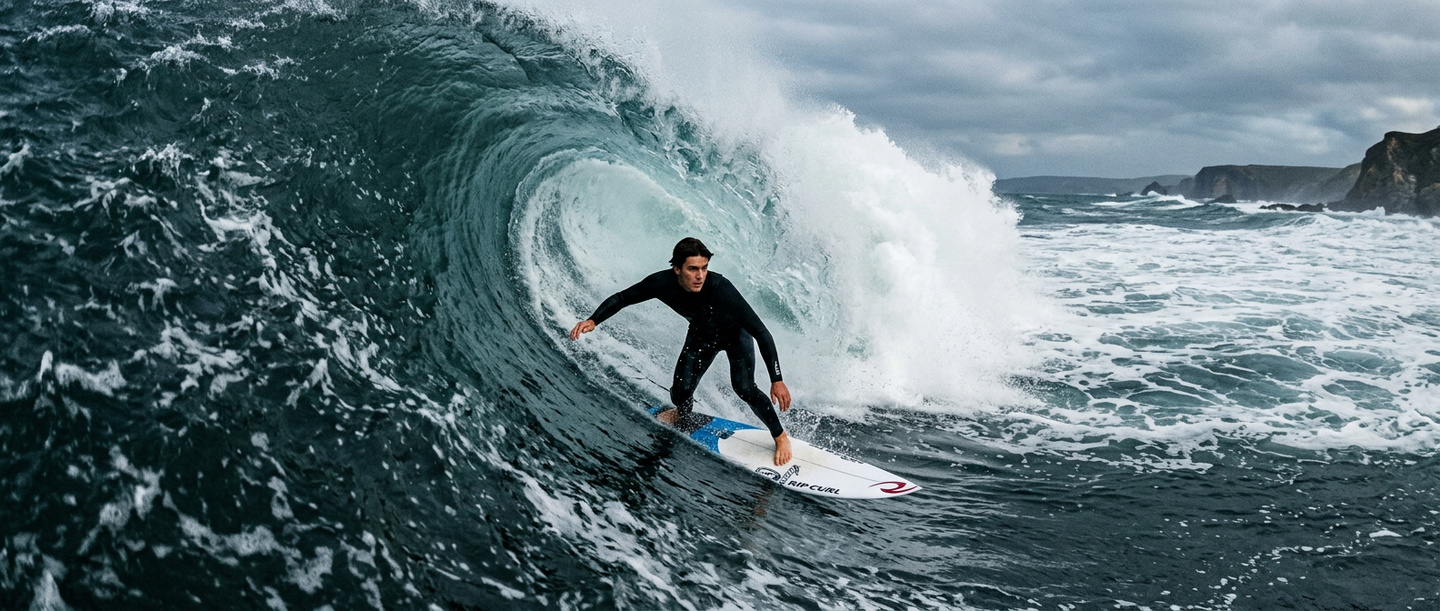 Surfer riding inside a large ocean barrel wave