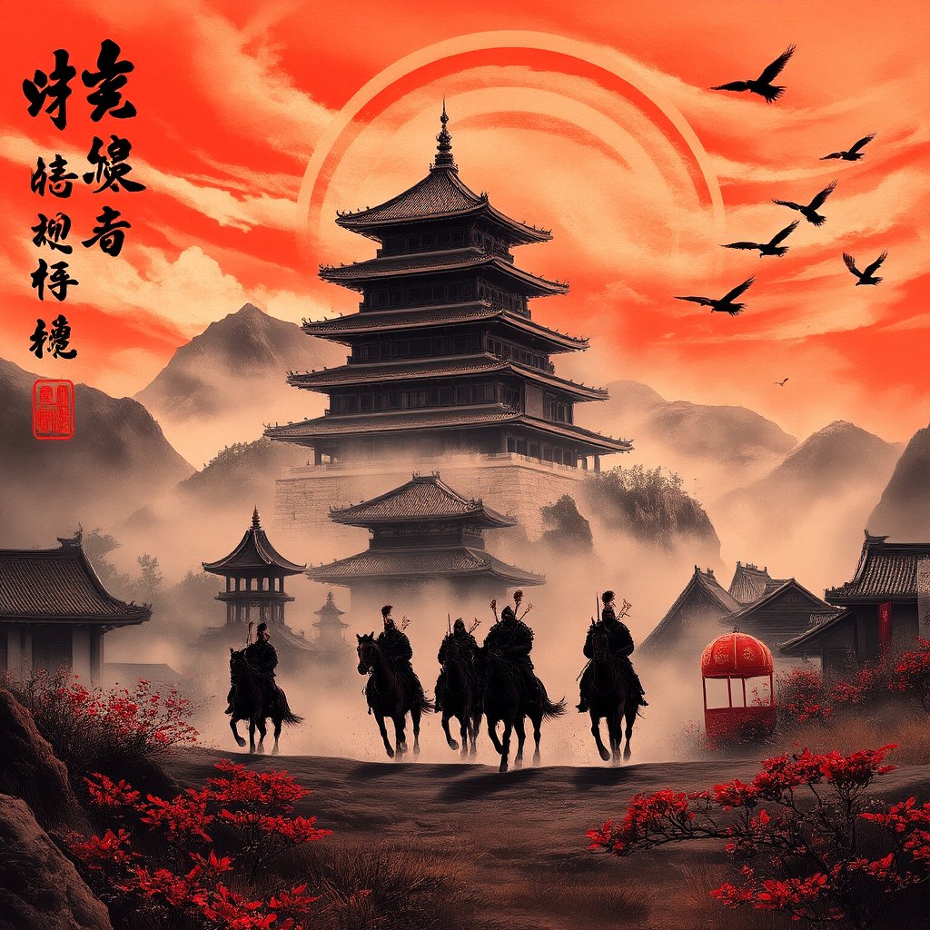 FLUX Schnell example: dramatic pagoda and riders in ink-wash style at sunset