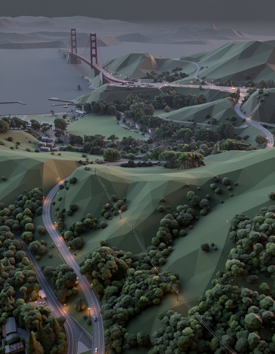 FLUX Schnell example: winding road through green hills toward a foggy bridge