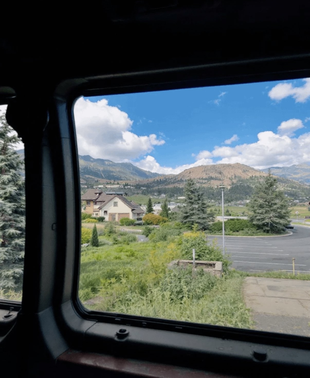 FLUX Schnell example: bright countryside seen through a vehicle window