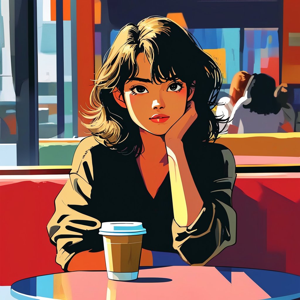 FLUX Schnell example: stylized cafe scene with figure and coffee cup