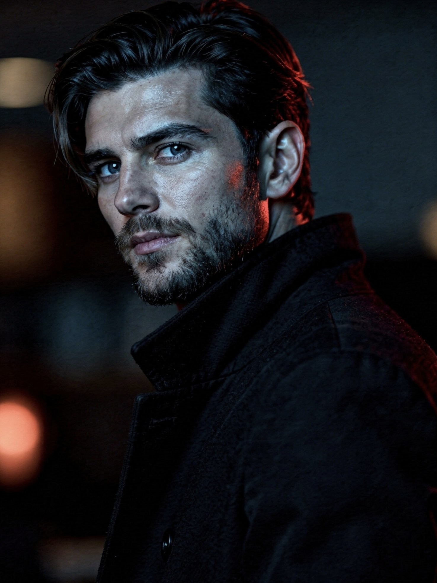 FLUX Schnell example: low-key portrait with city bokeh in the background