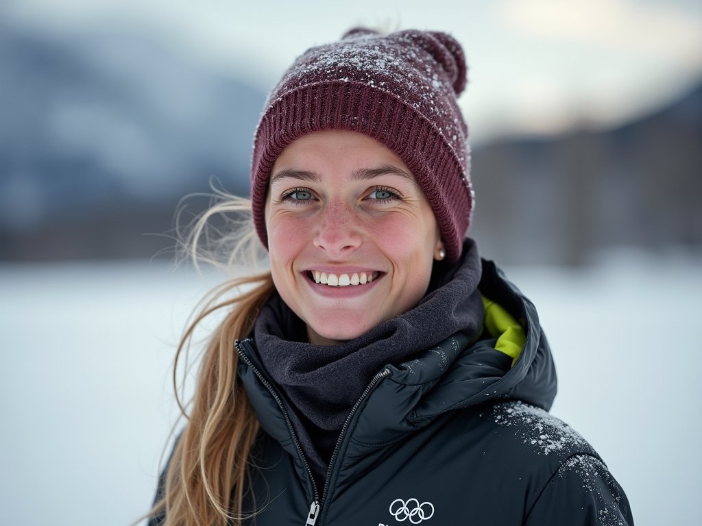 FLUX Schnell example: smiling portrait in knit hat against snowy backdrop