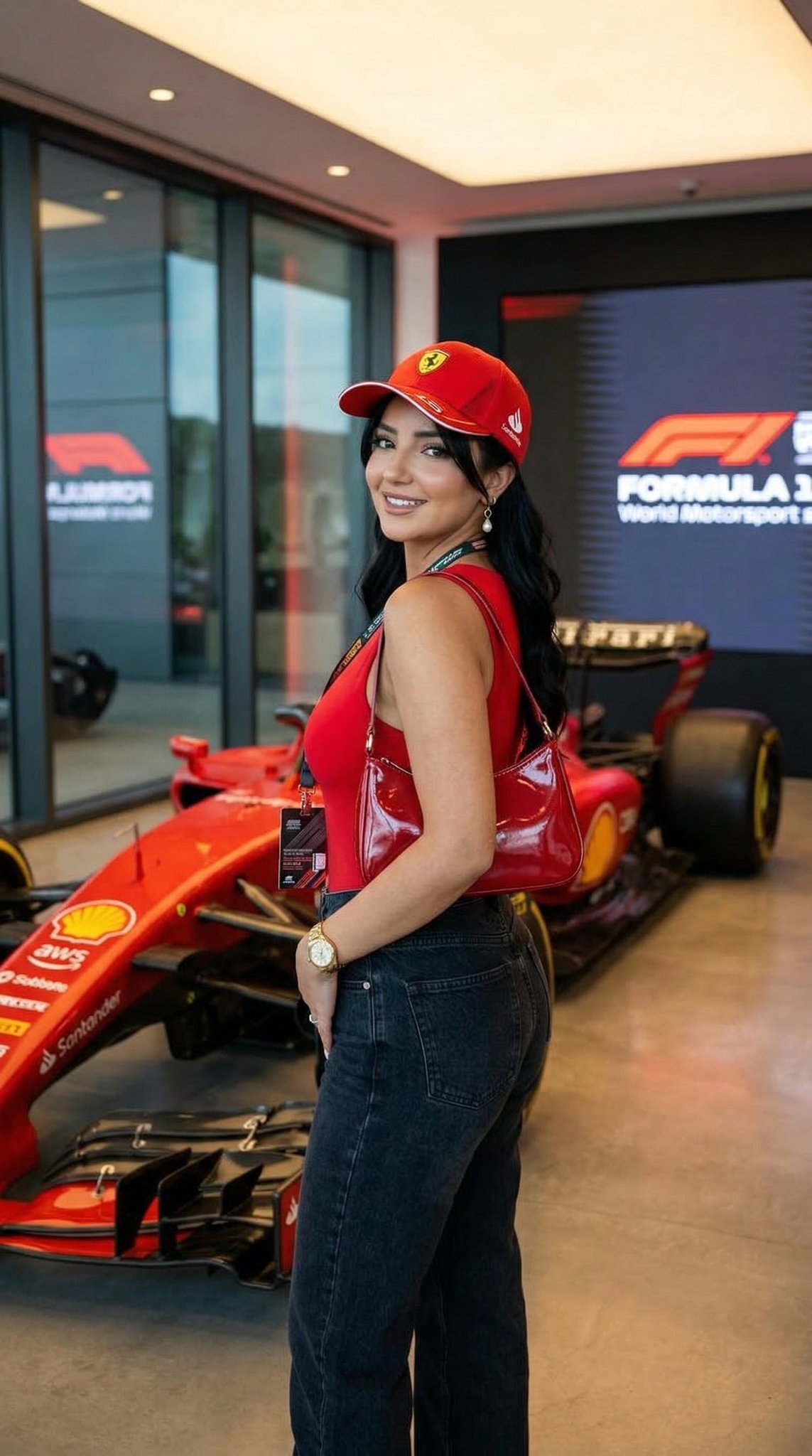 Nano Banana 2 example: woman in red next to a Formula 1 car in an indoor garage setting