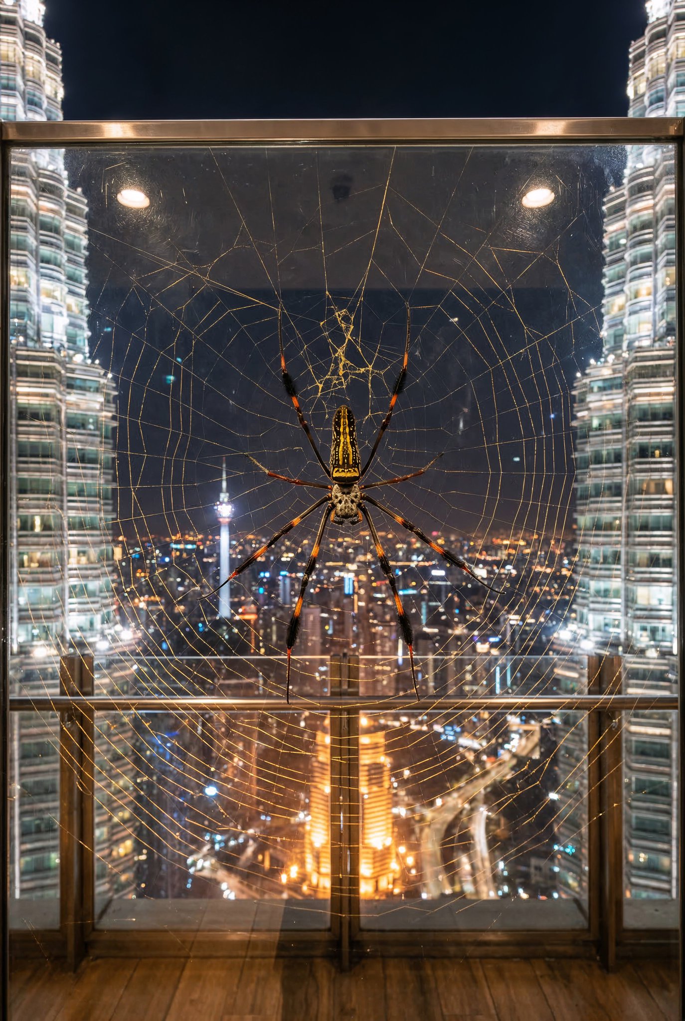Nano Banana 2 example: night city view through glass with glowing spiderweb over skyscrapers