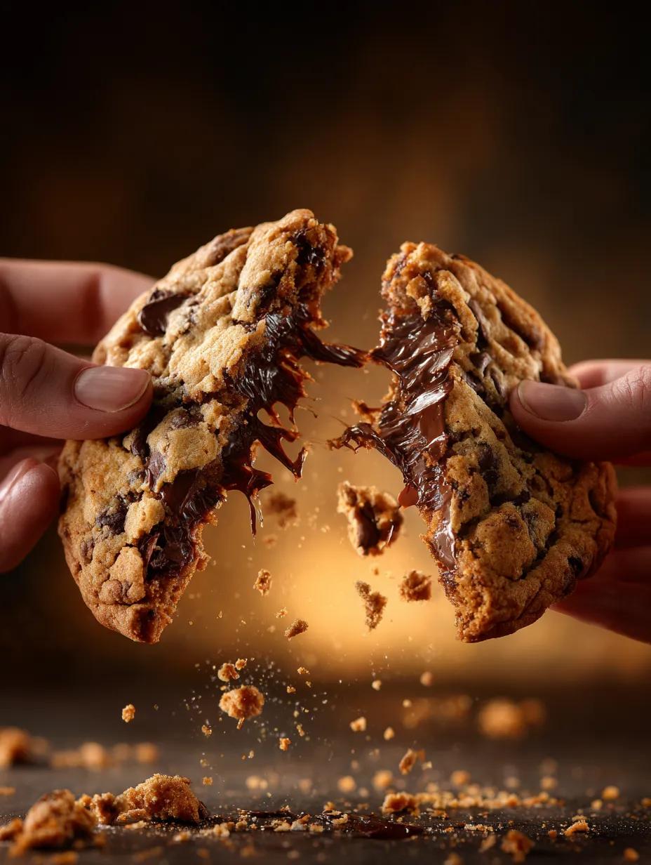 Nano Banana Pro example: hands pulling apart a warm chocolate chip cookie with melted center