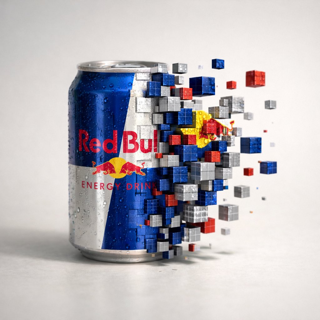 Nano Banana Pro example: energy drink can dissolving into colorful 3D cubes with legible label