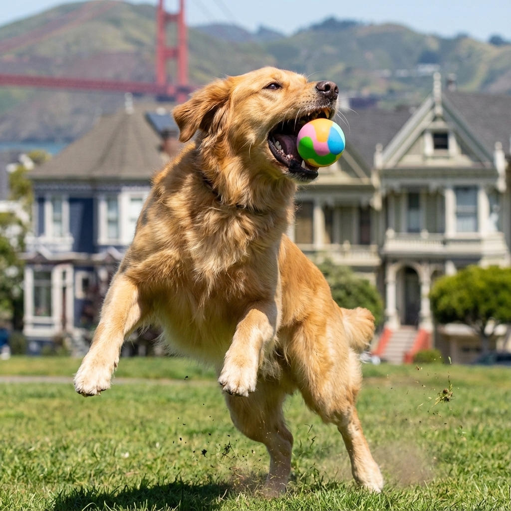 Nano Banana Pro example: golden retriever leaping with toy with Painted Ladies and bridge behind