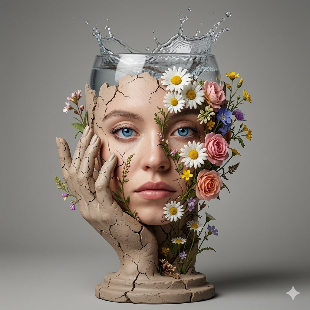 Nano Banana Pro example: surreal portrait merging stone texture, water splash, and wildflowers