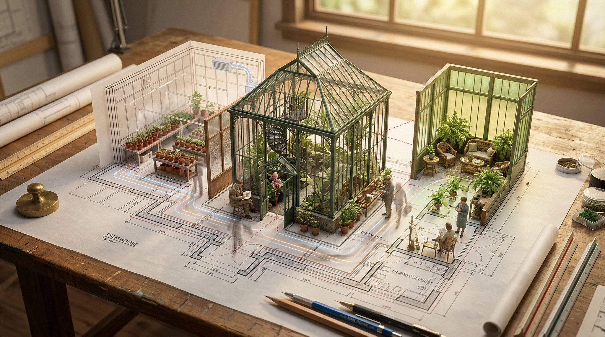 Nano Banana example: miniature greenhouse-style building model on blueprints in warm sunlight