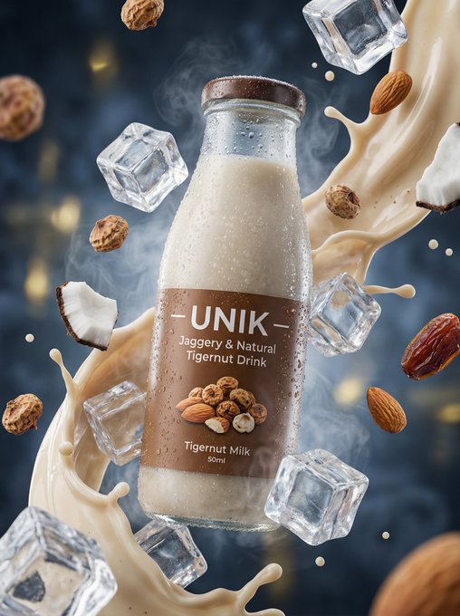 Nano Banana example: dramatic product shot of a milk bottle with splashes, almonds, and ice