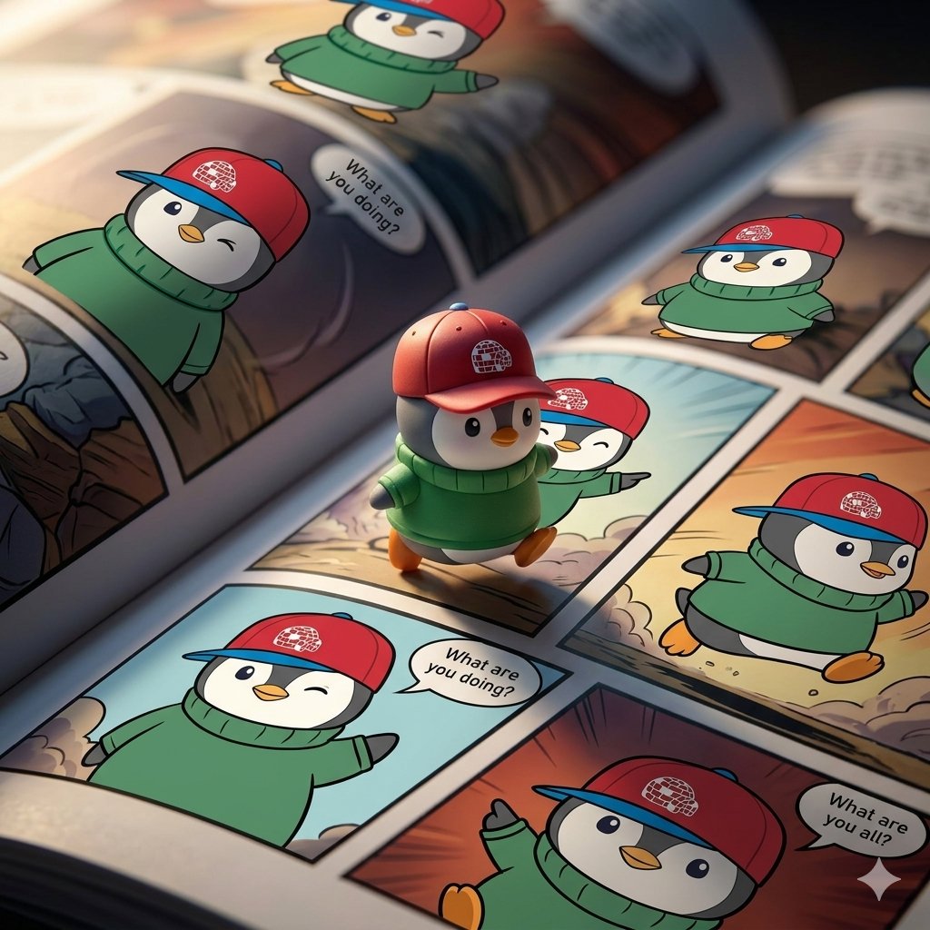 Nano Banana example: open comic book with colorful panels and a stylized penguin character