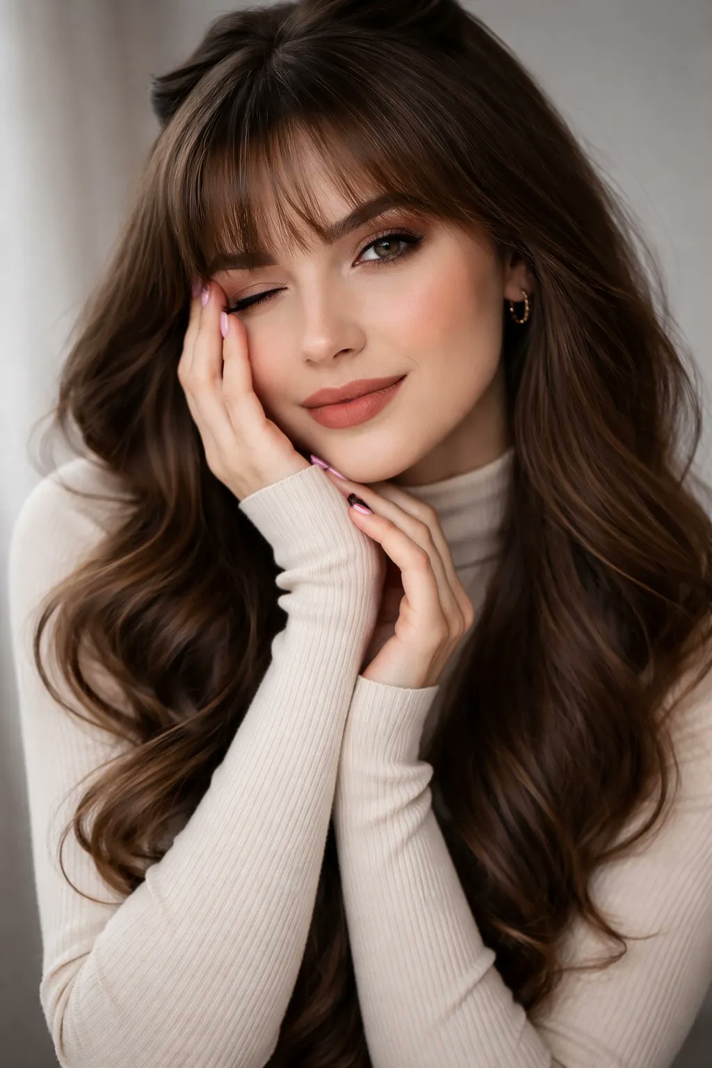 Nano Banana example: soft-lit portrait of a woman in a cream turtleneck with hands near her face