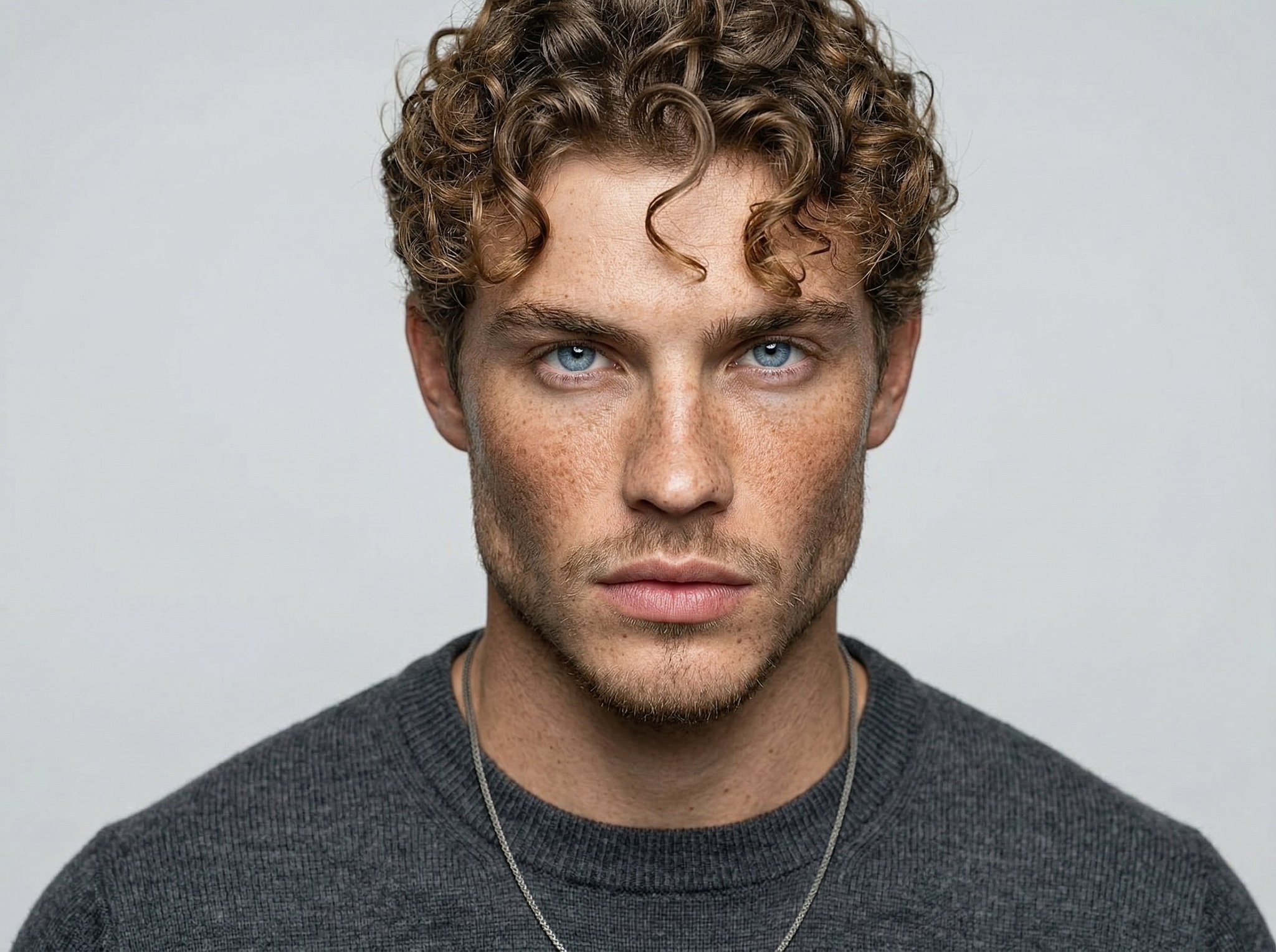 Nano Banana example: headshot of a man with curly hair and a charcoal sweater on a gray backdrop