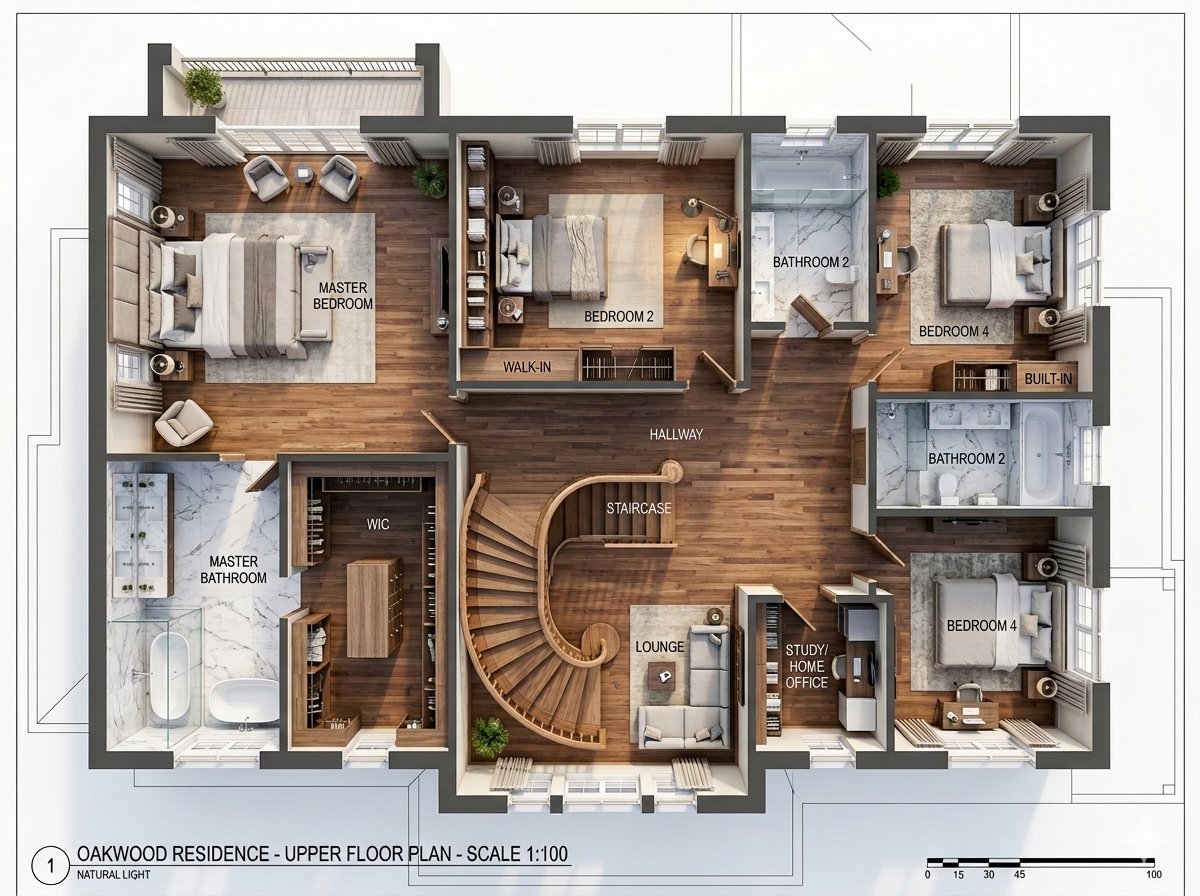 Nano Banana example: top-down 3D residential floor plan with rooms, staircase, and layout labels