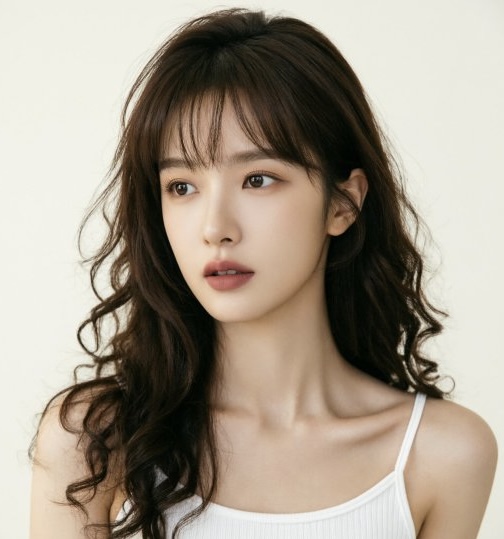 Qwen Edit example: clean studio portrait with long wavy hair and white top on a minimal backdrop