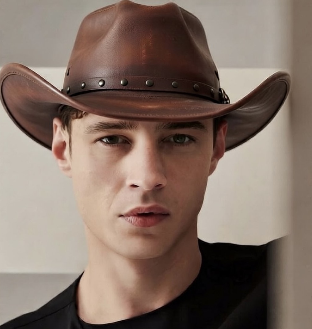 Qwen Edit example: realistic close-up portrait of a man in a brown leather cowboy hat