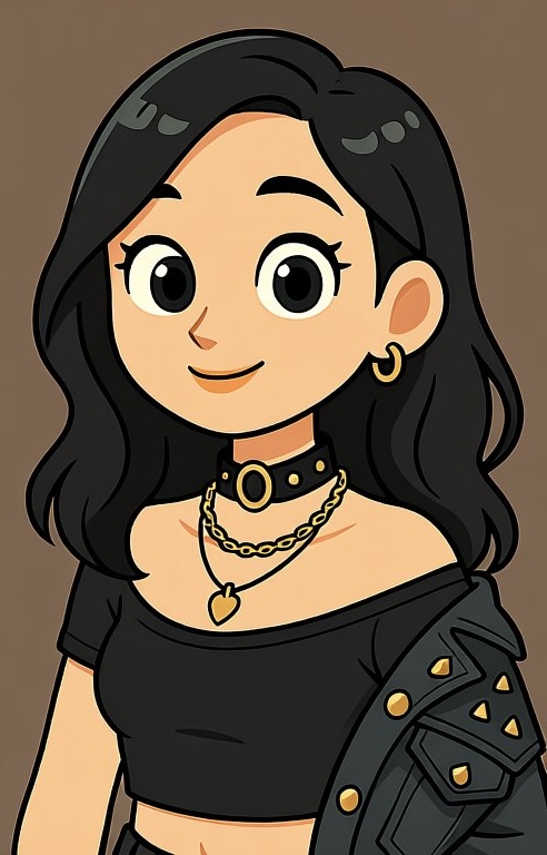 Qwen Edit example: bold 2D illustration of a woman with jewelry and jacket on a flat brown background