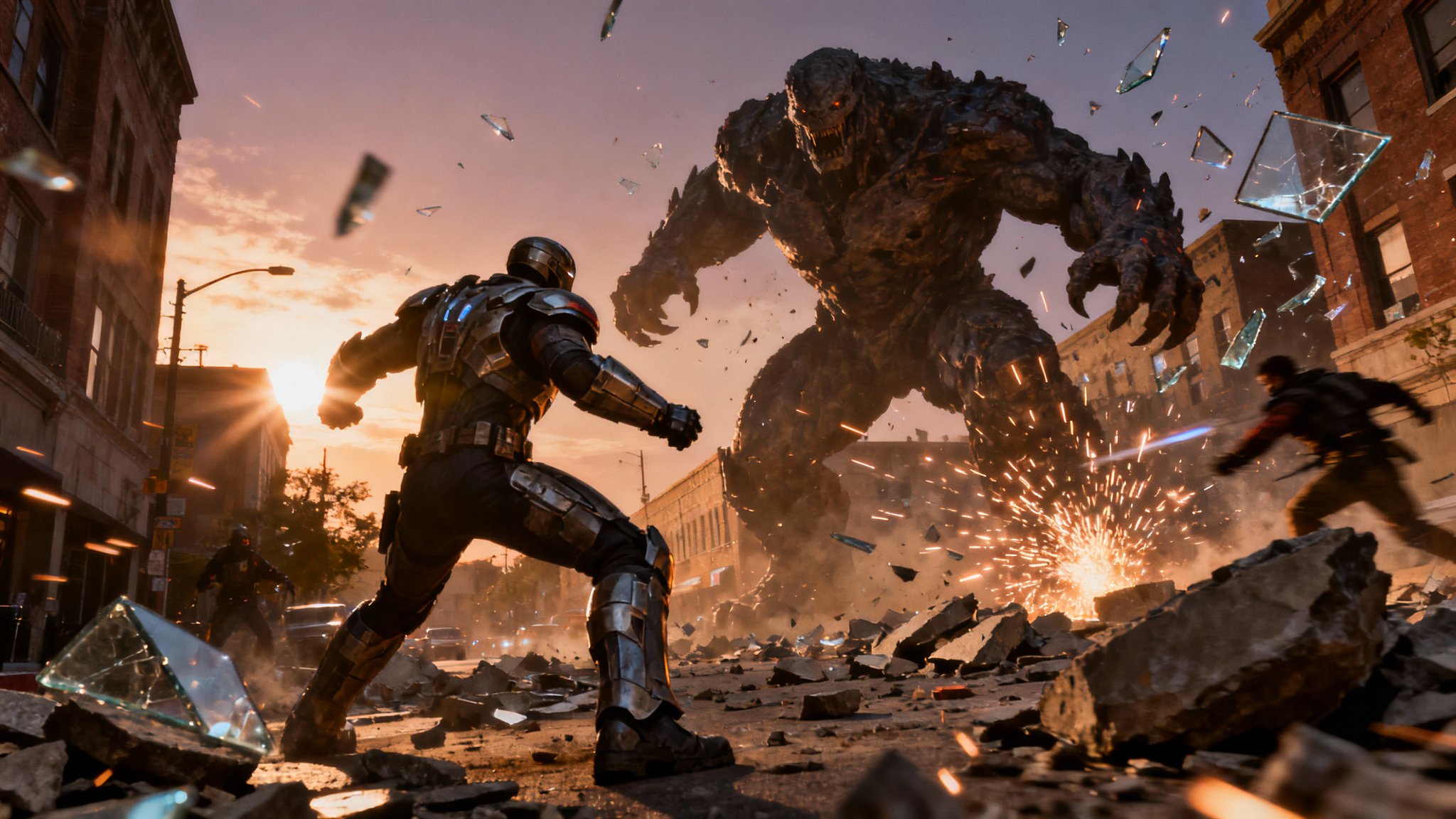 Seedream 4.5 example: armored hero fighting a rock creature on a city street at sunset