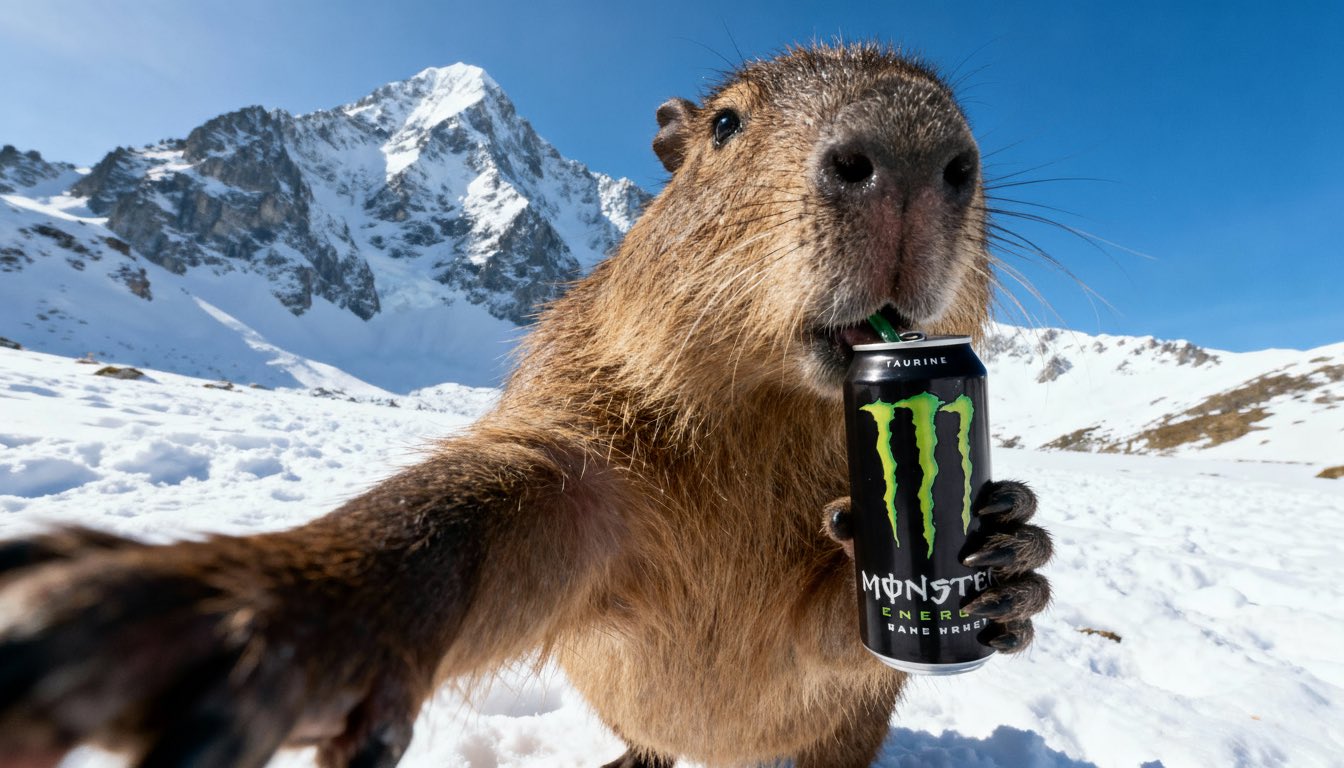Seedream 4.5 example: capybara in snow holding an energy drink can like a selfie