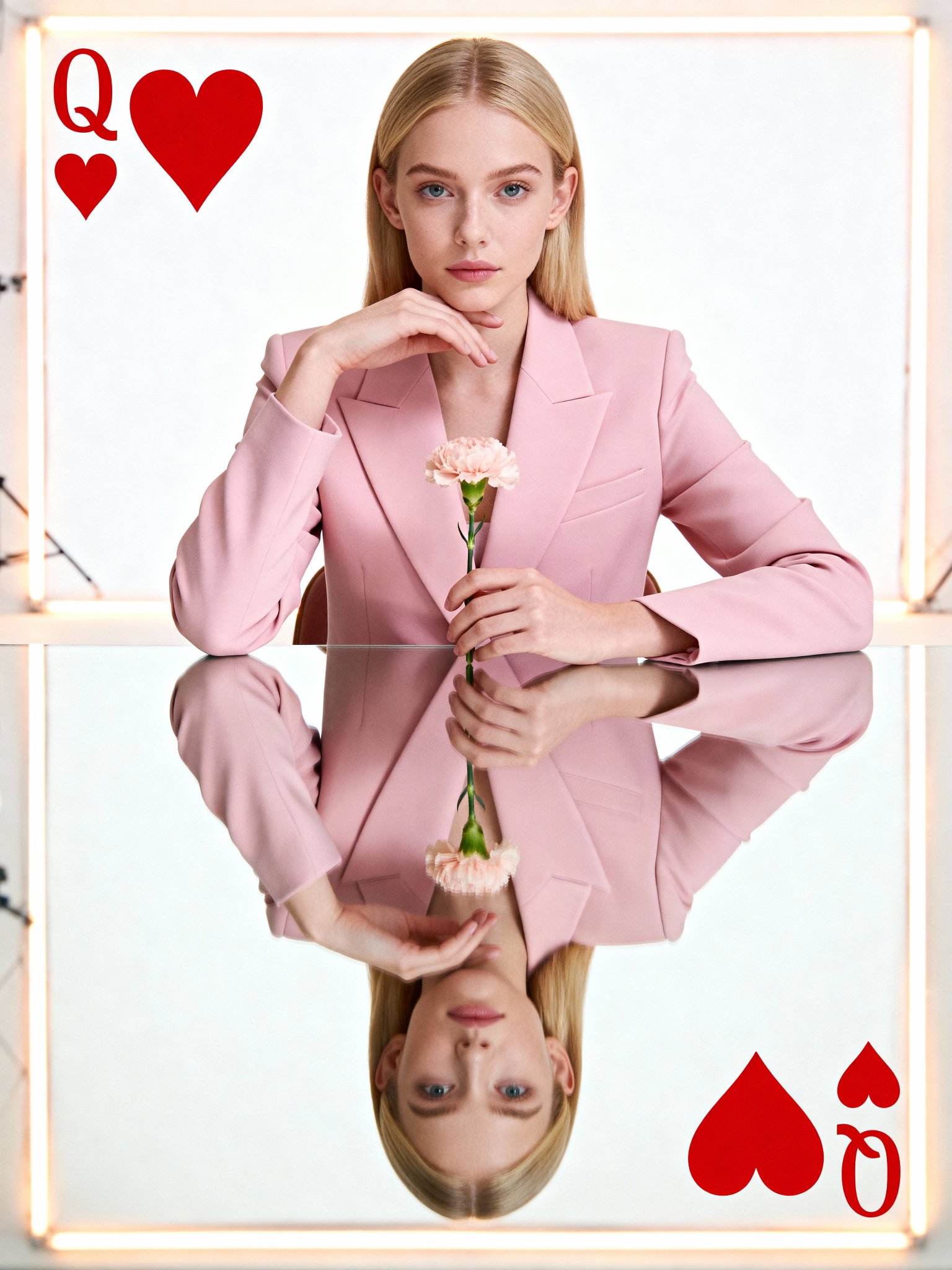 Seedream 4.5 example: playing card layout with queen of hearts typography and mirrored portrait