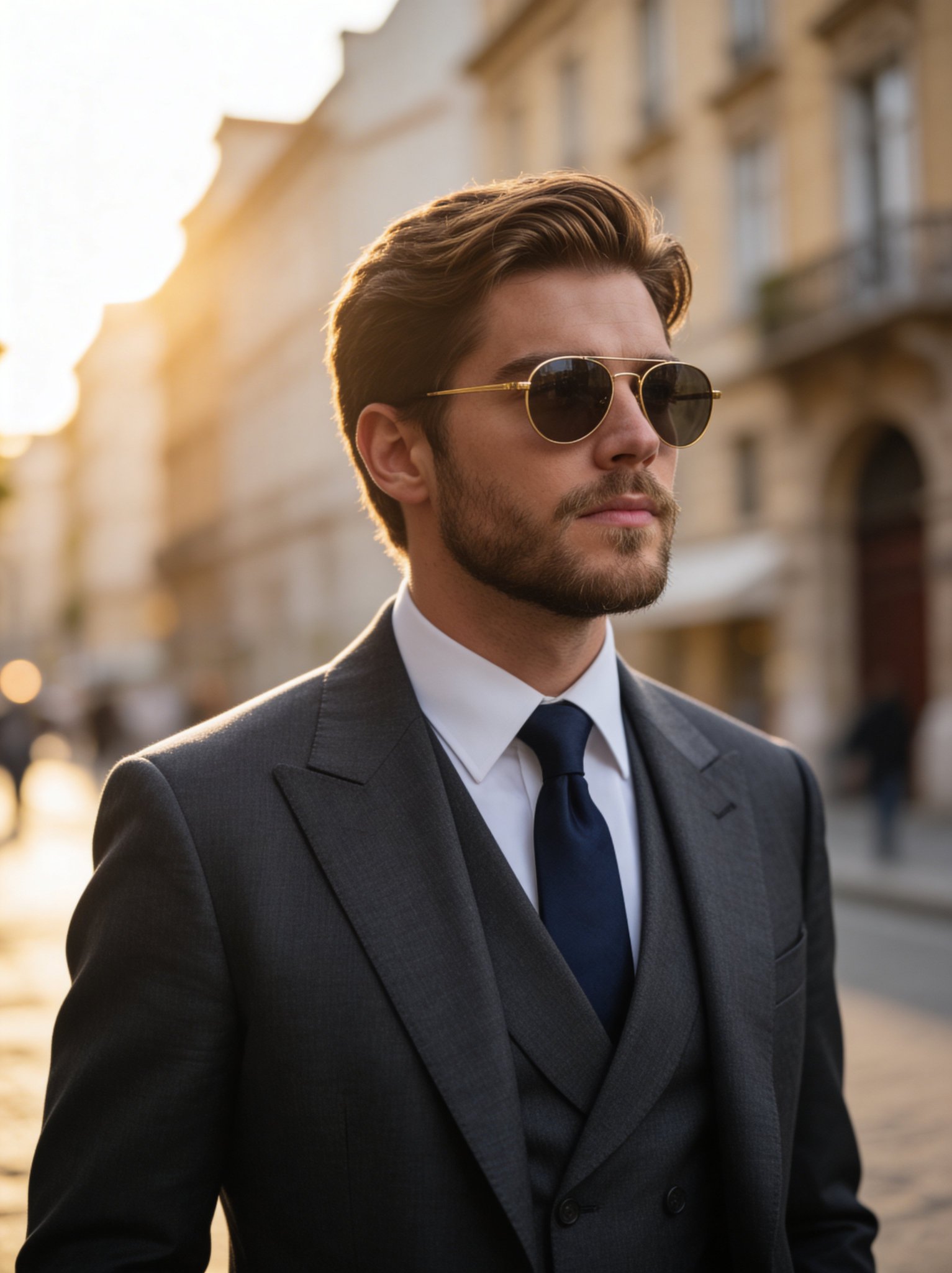 Seedream 4.5 example: photorealistic man in a suit and sunglasses on a sunlit city street