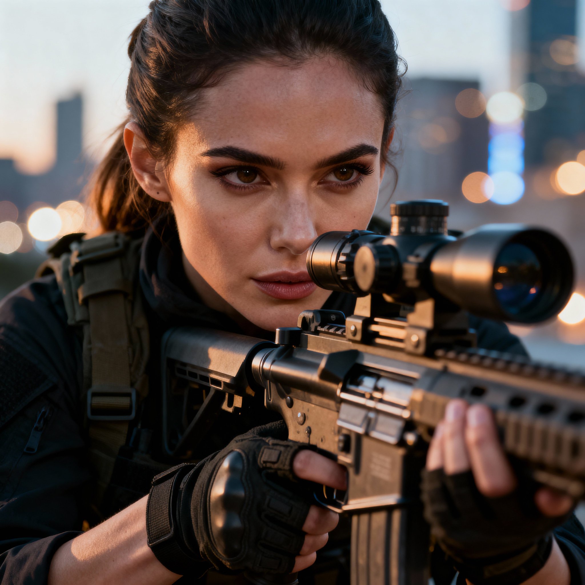 Seedream 4.5 example: woman in tactical gear aiming a sniper rifle over a cityscape at dusk