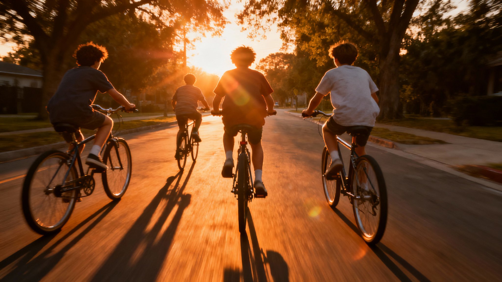 Seedream 4 example: four cyclists riding toward a low sun with long shadows on the road