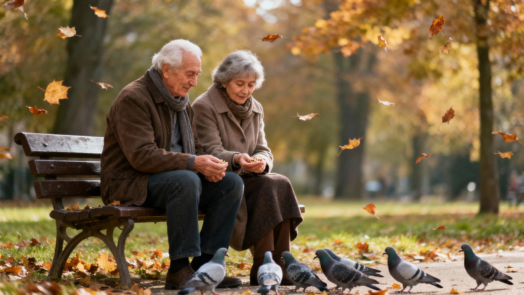 Seedream 4 example: elderly couple on a park bench with fall leaves and pigeons