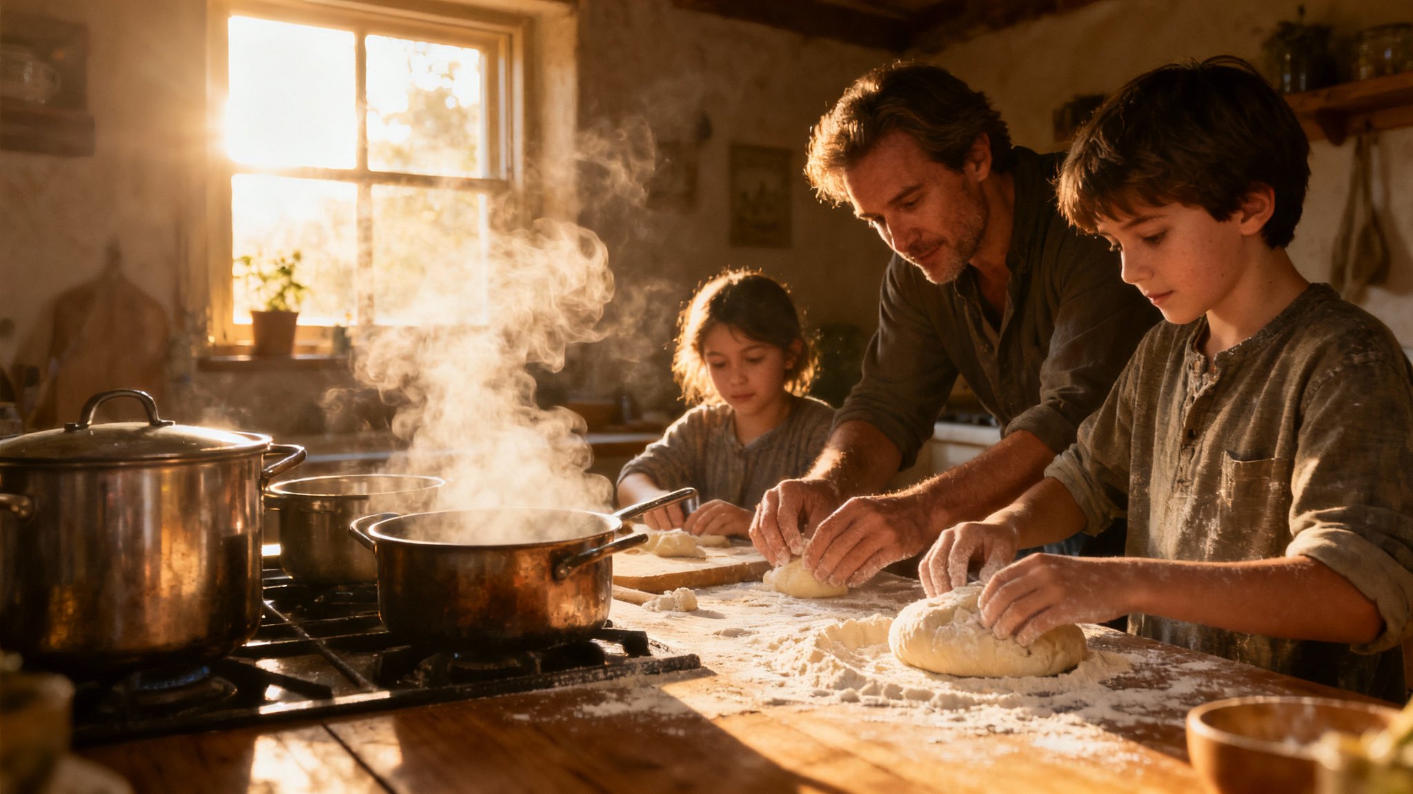 Seedream 4 example: father and children baking with flour in a sunlit rustic kitchen