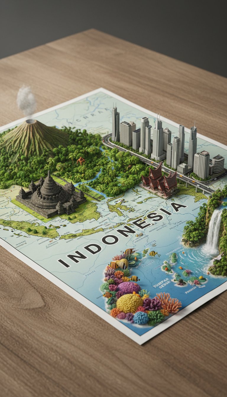 Seedream 4 example: detailed 3D miniature map of Indonesia with landmarks and typography