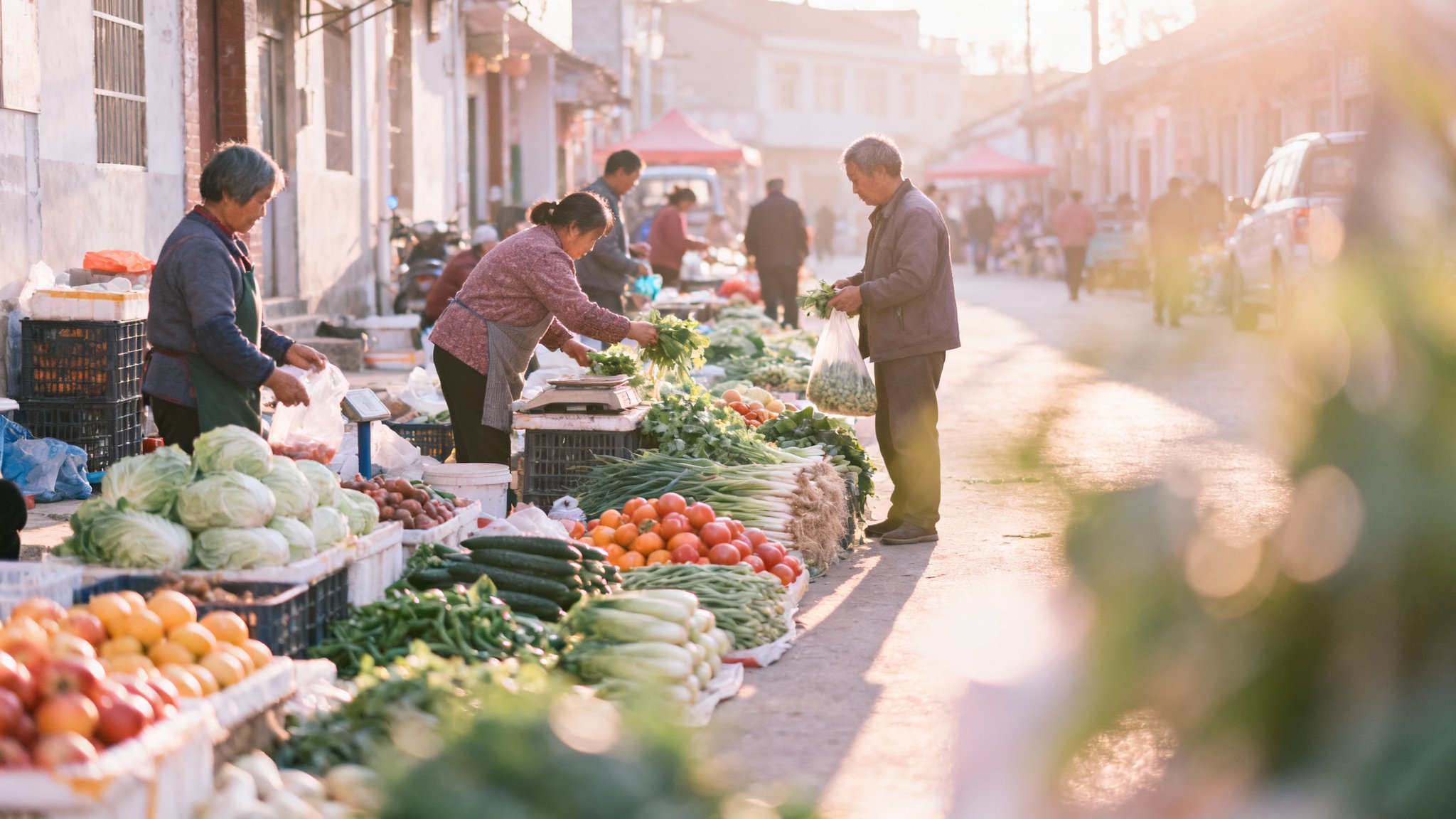 Seedream 4 example: busy outdoor produce market with vegetables and warm daylight