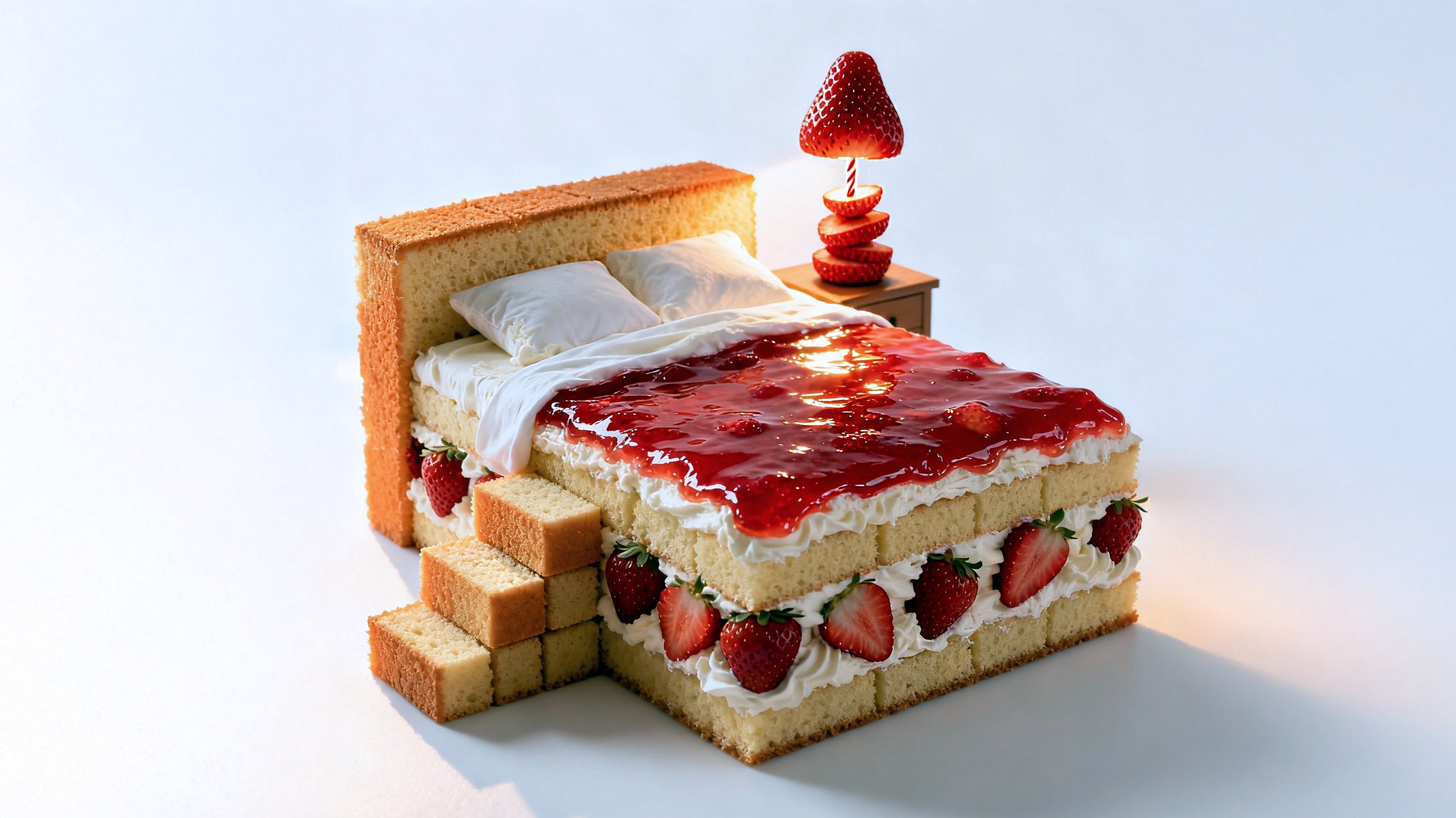 Seedream 4 example: surreal miniature bed made of cake layers, fruit, and bread-roll pillows