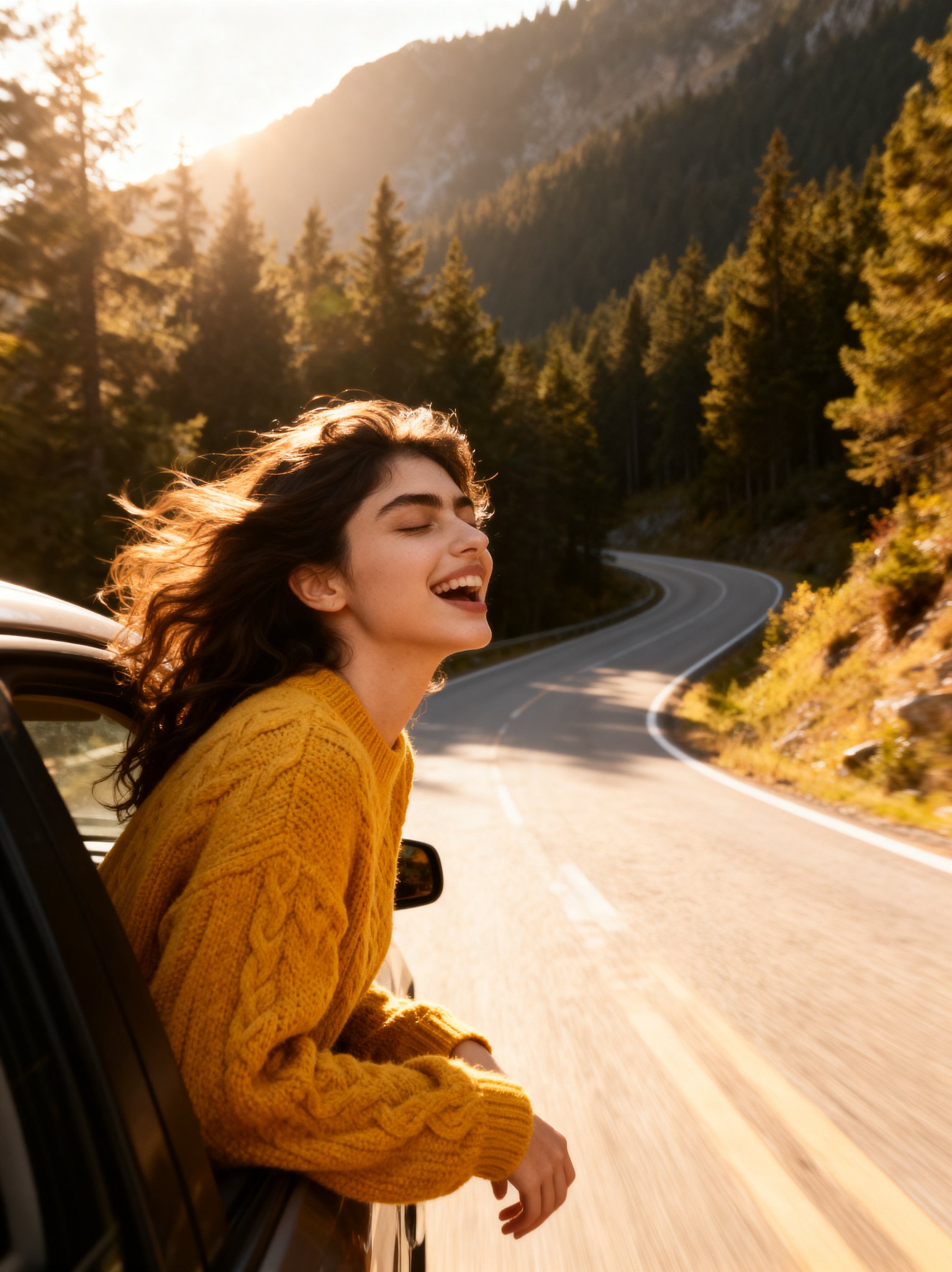 Seedream 4 example: woman in a yellow sweater leaning from a car window on a mountain road at sunset