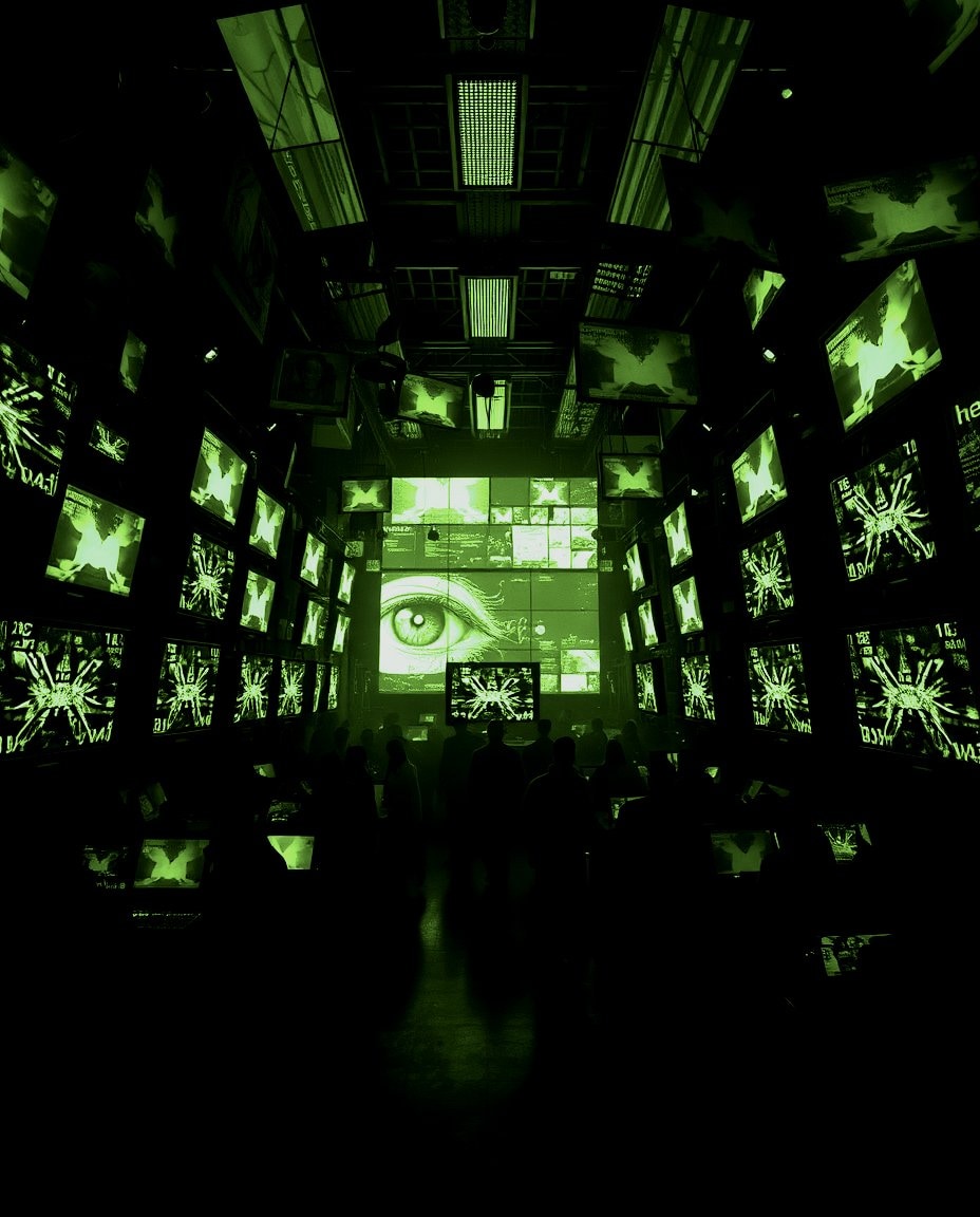 Z-Image Turbo example: dark room filled with glowing green monitors and data walls