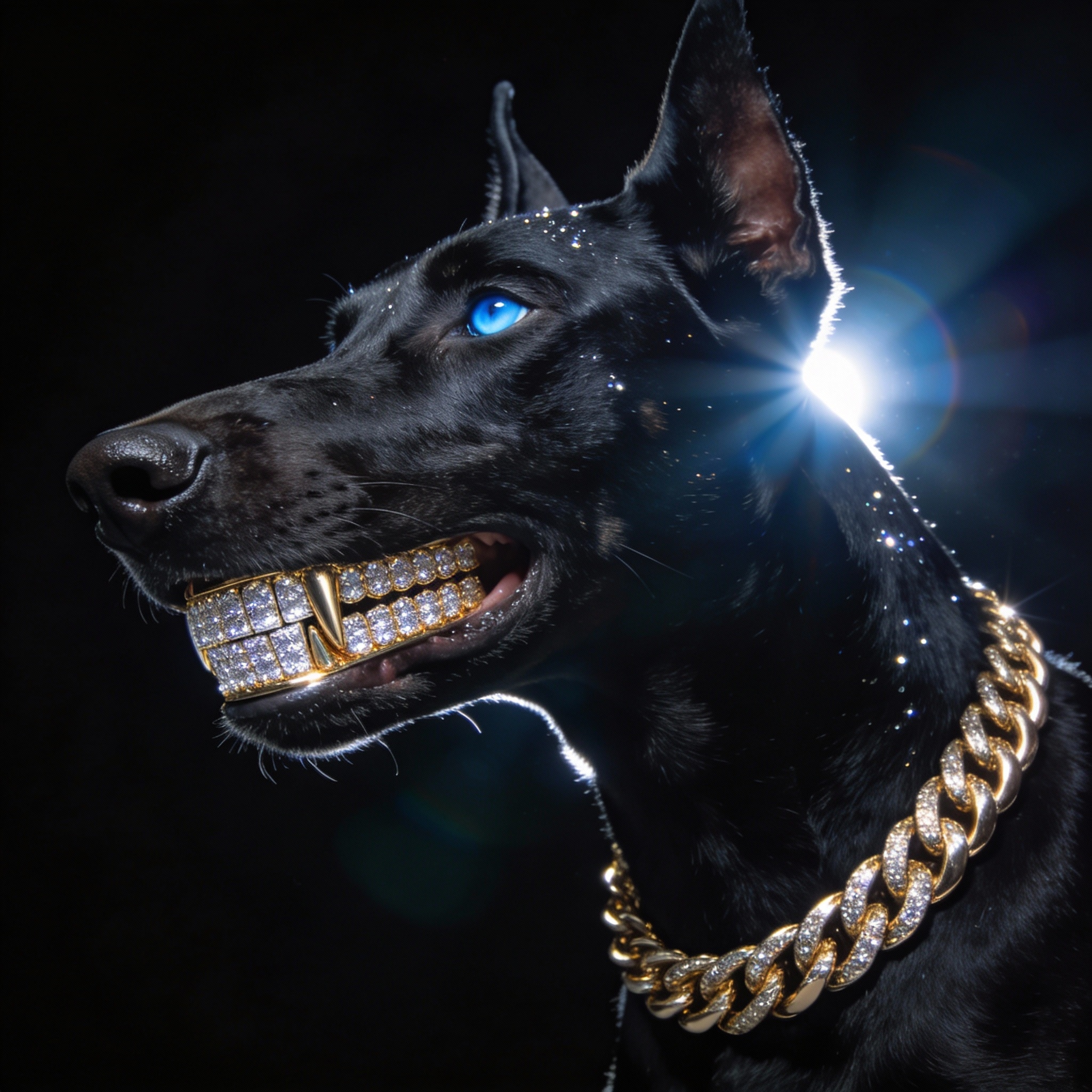 Z-Image Turbo example: stylized dog portrait with chain and cool-toned lighting
