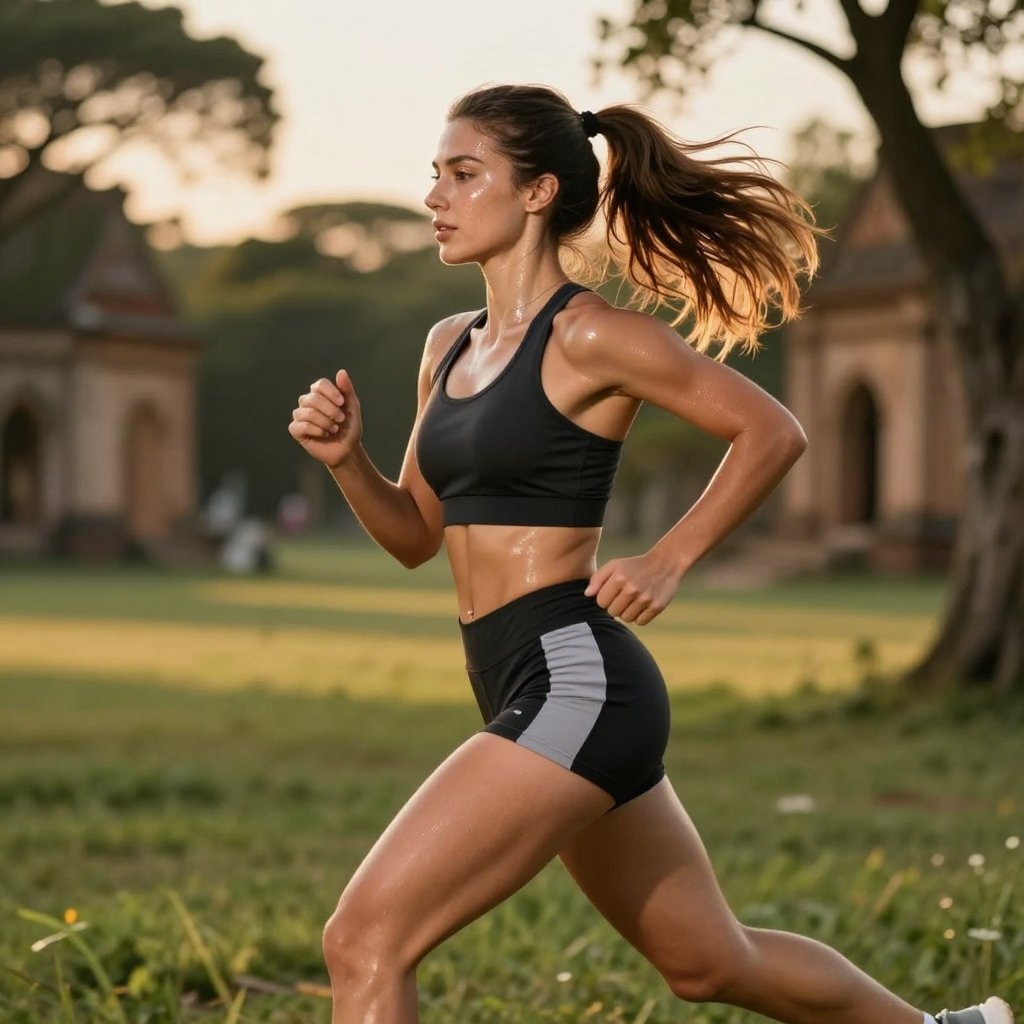 Z-Image Turbo example: runner in athletic wear on a grassy path at golden hour