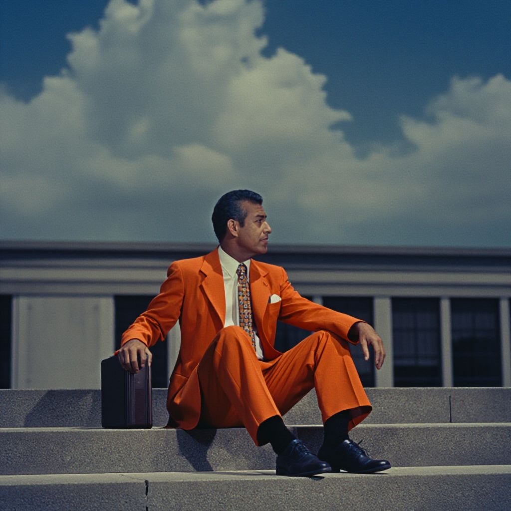 Z-Image Turbo example: vintage-style orange suit on stone steps outdoors