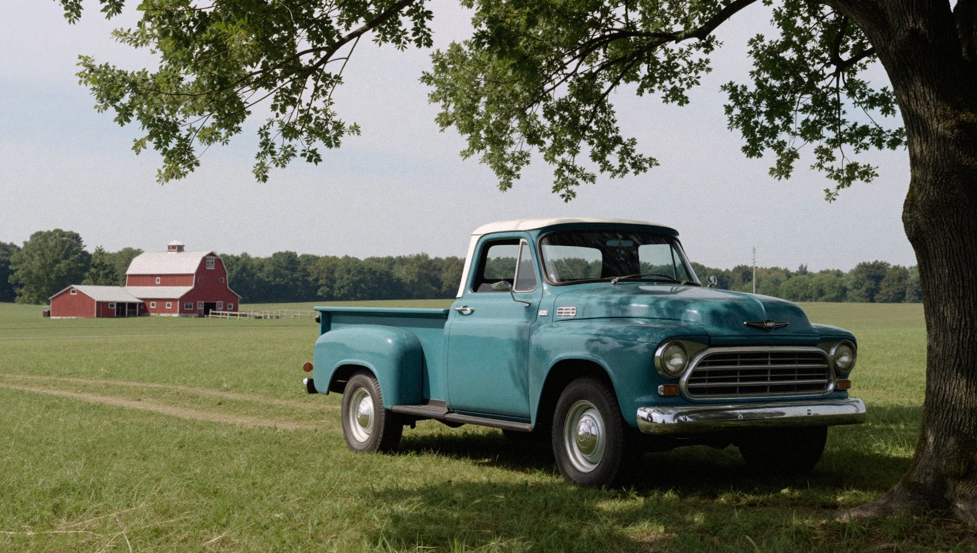 Z-Image Turbo example: classic pickup in a field with barn and tree