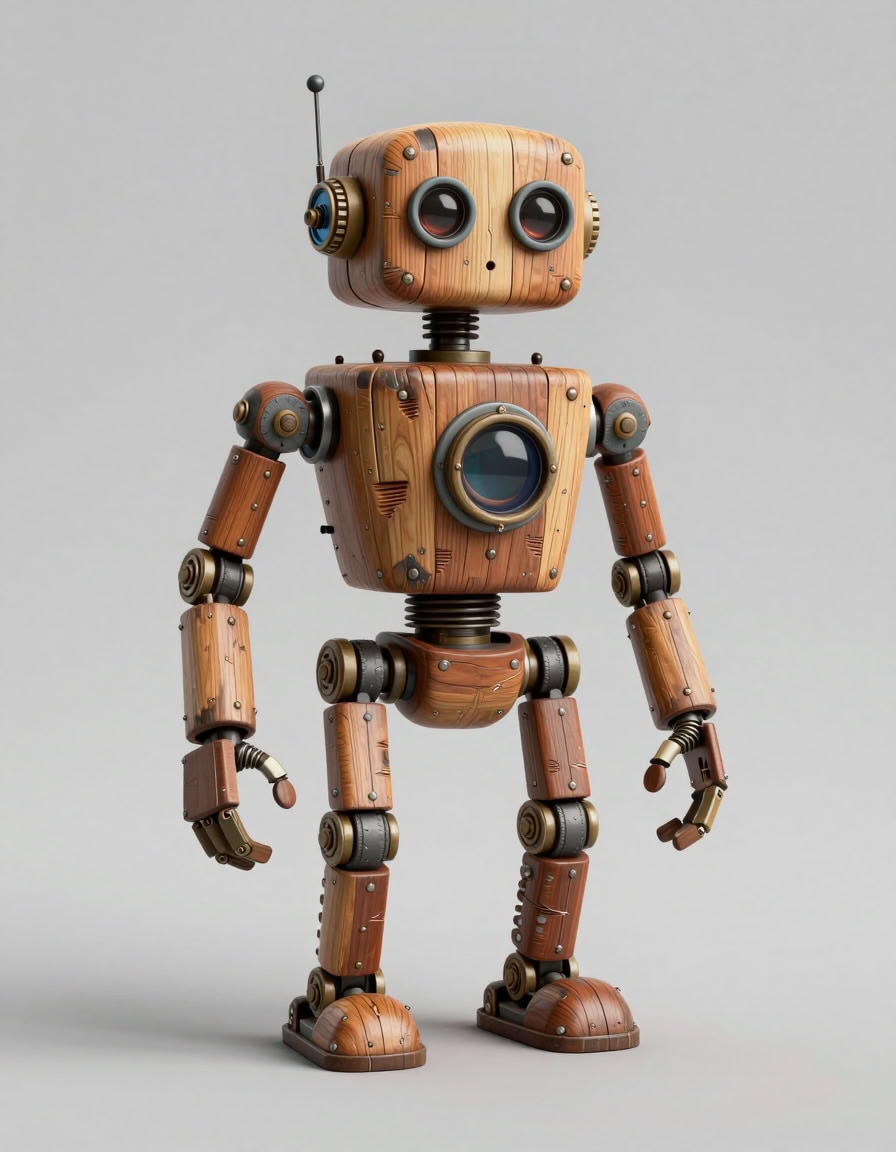 Z-Image Turbo example: handcrafted wood and metal robot on a neutral backdrop