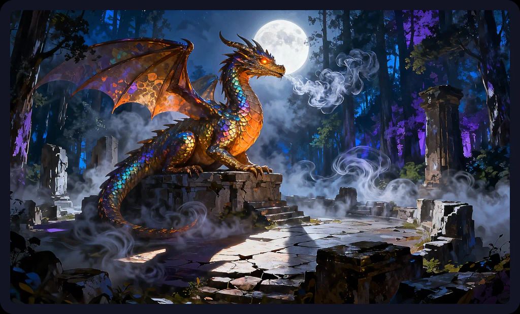 Majestic dragon on ruins in a moonlit forest; a fantasy digital painting prompt for AI art.