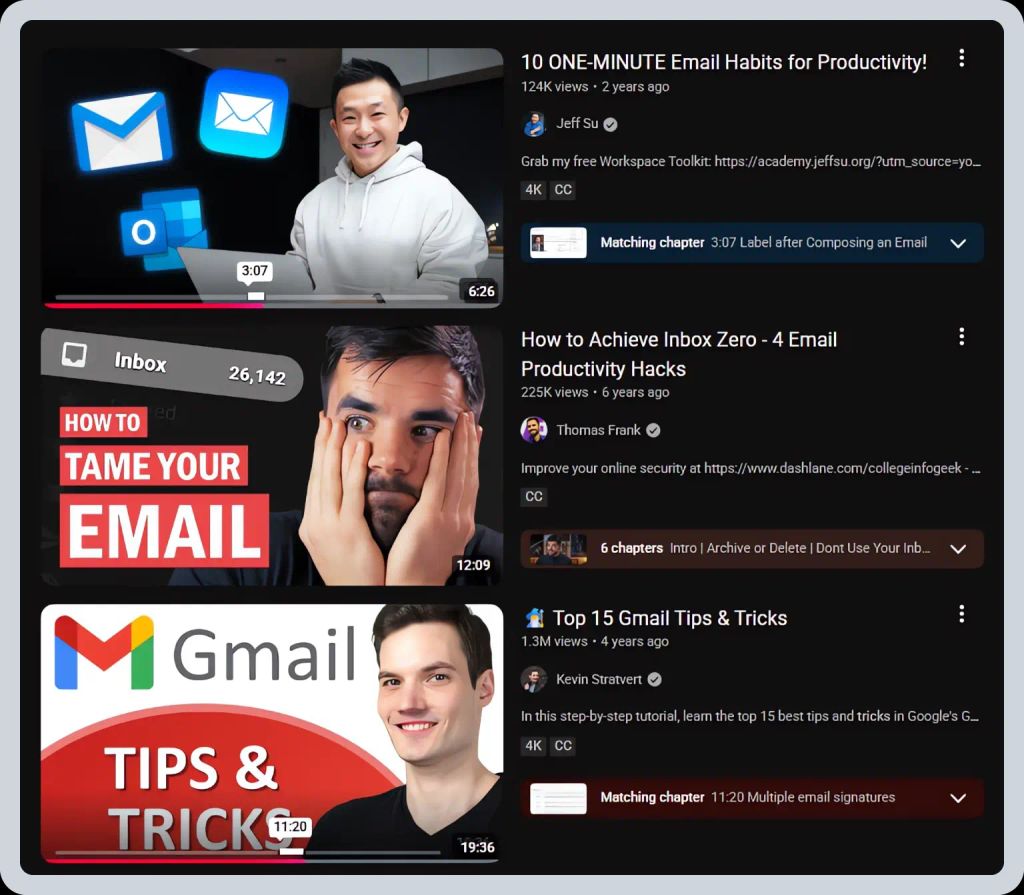 Screenshot of YouTube videos for the keyword “email hacks”.