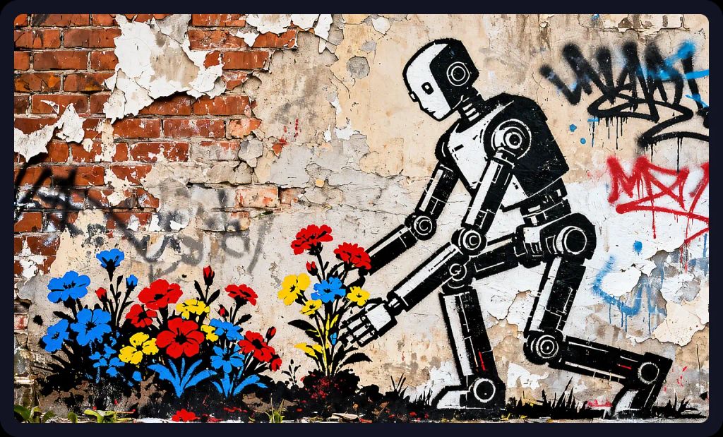 Banksy-style robot planting flowers on a brick wall; a creative street art AI art prompt.