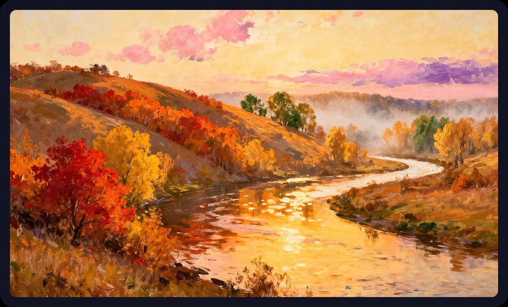 Autumn hills and winding river in golden hour light; a serene landscape prompt for AI art.