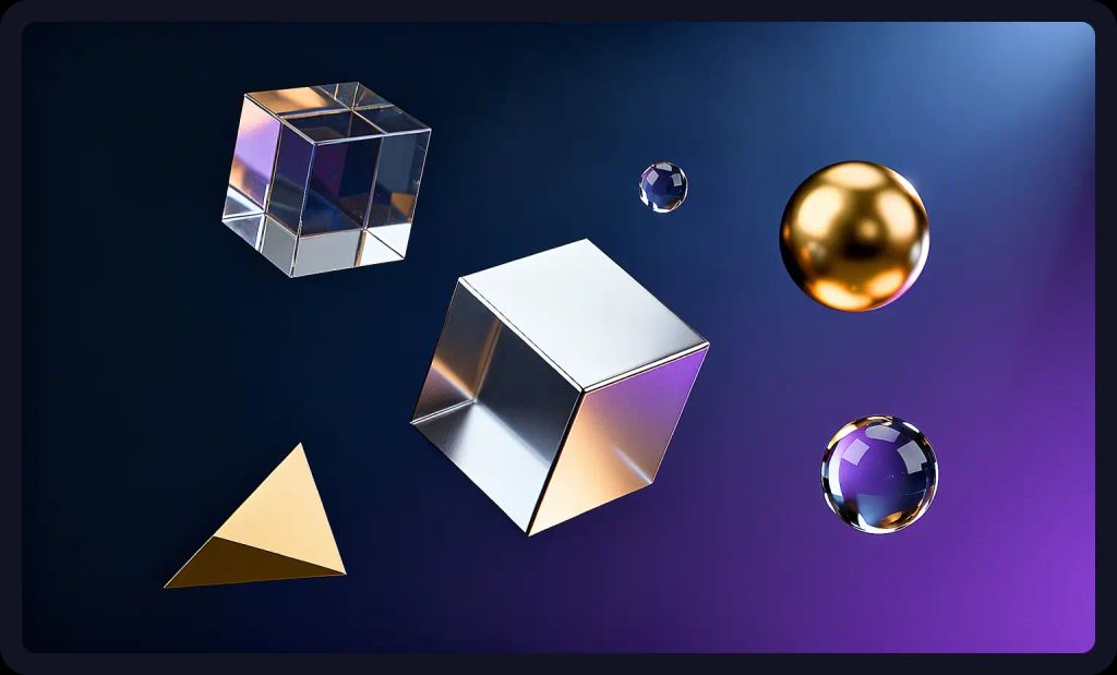 Metallic and glass geometric shapes with studio lighting; a modern 3D render prompt for AI art.
